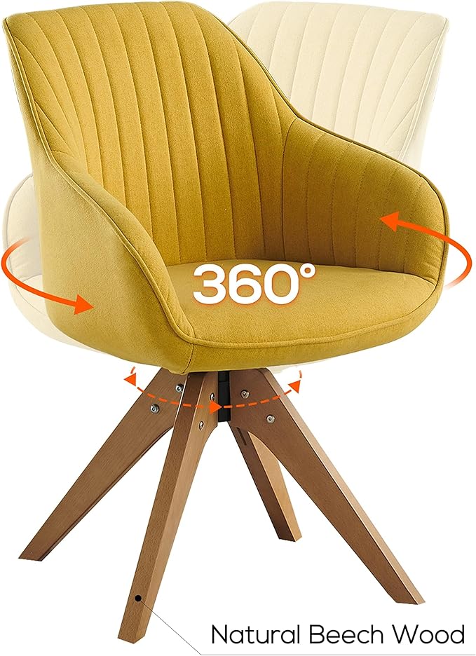 Art Leon Dining Chair Mid Century Modern Fabric Upholstered Swivel Dining Room Chair with Wood Legs Leisure Side Chair with Arms for Living Room Yellow