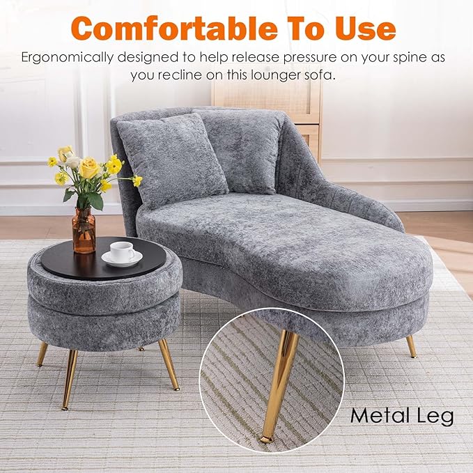 Chaise Lounge Chair Indoor Chenille Upholstered Chair with Left Armrest &amp Pillow Modern Lounge Chairs Sofa with Footstool for Living Room Bedroom Office (Grey)