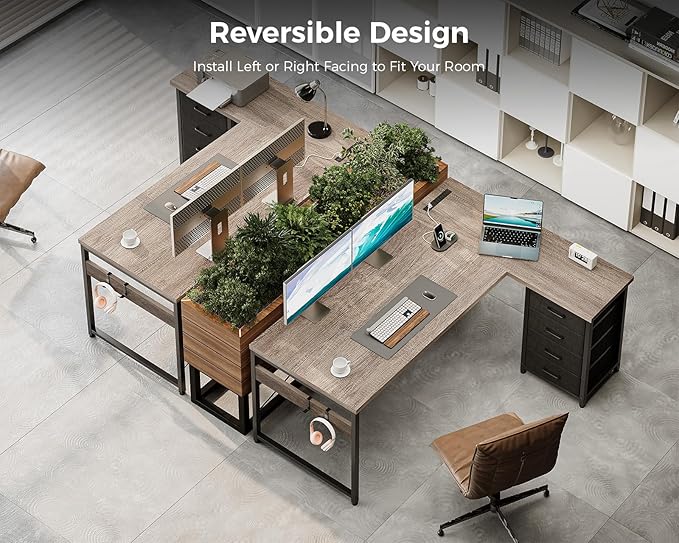 AODK L Shaped Gaming Desk with 4 Drawers 53 Reversible Home Office Desks with Power Outlets L Shaped Computer Desk with USB Charging Port and Host Stand Corner Desk Easy to Assemble Grey