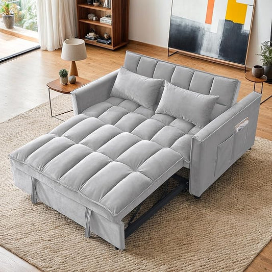 Sleeper Sofa Couch with Pullout Bed 54'' Velvet Futon Loveseat Sofa 3-in-1 Convertible Love Seat Couch for Living Room Apartment Chair Bed Sleeper for Adults (Gray)