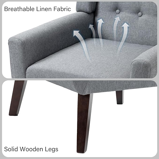 Accent Chair Mid-Century Modern Fabric Chairs with Arms for Living Room Comfy Upholstered Club Single Sofa Armchair for Bedroom Waiting Room with Solid Wood Frame (Fabric Grey Set of 2)