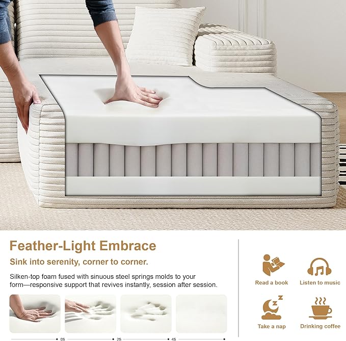 108’’Cloud Couch Sectional with L-Shape Chaise Modern Modular Sectional Sofa Boneless Couch with Deep Seat Modern Upholstered Couches for Living Room (White 108''W Right Facing Chaise)