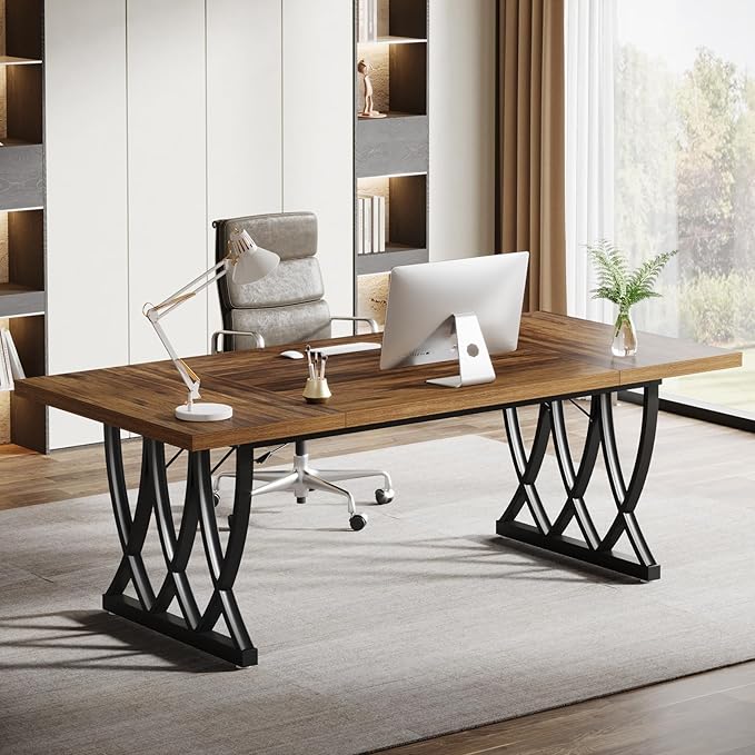 Tribesigns 70.86-Inch Executive Desk Large Home Office Desk Computer Desk with Thick Metal Frame Rectangle Study Writing Table Workstation for Home Office (Retro Brown &amp Black)