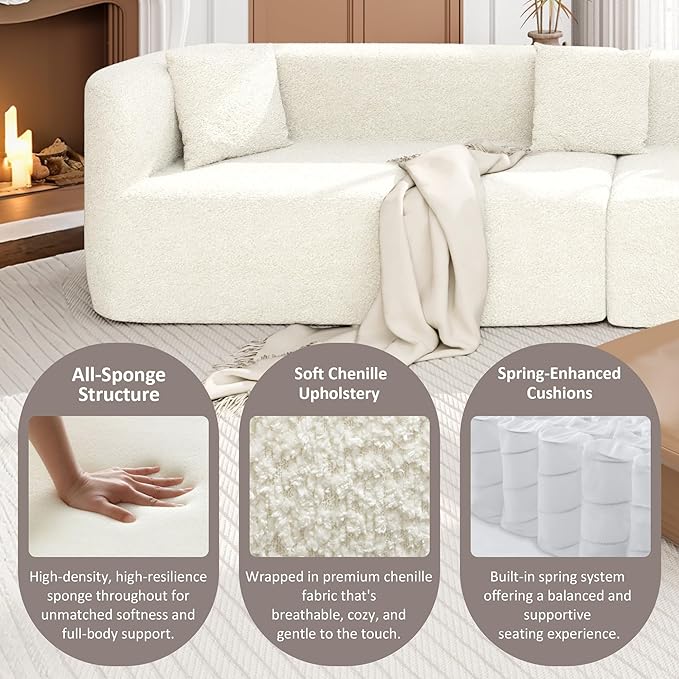 Merax Modern Minimalist Large 2-Piece Sectional Curved Chenille Sofa with 3 Pillows and High-Density Foam for Luxurious Comfort and Seamless for Living Room Bedroom Beige