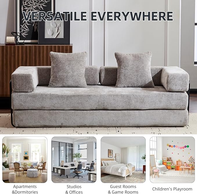 Folding Sofa Bed Convertible Sleeper Sofa Chenille Floor Couch with Pillows Fold Out Couch King Size Bed Futon  Foldable Memory Foam Mattress for Living Room Bedroom Playroom (Light Grey)
