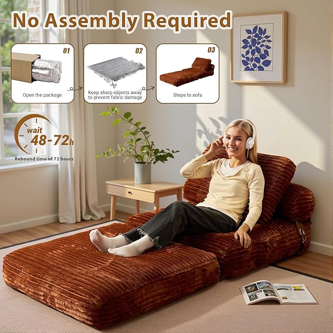 75'' Foldable Sofa Bed Convertible Sleeper Sofa with Pillow Boneless Corduroy Foldable Couch Bed Single Sleeper Chair for Small Spaces Living Room Bedroom StudioBrown