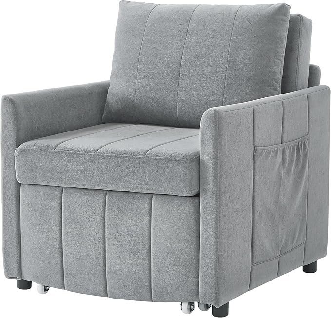 Pull Out Sofa Bed for Living Room 31.5 Upholstered Convertible Sleeper Sofa 3-in-1 Convertible Sleeper Chair with 5-Position Adjustable Backrest Side Pockets and a Storage Basket (Grey/352)