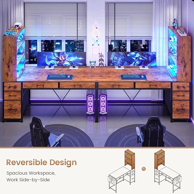 SEDETA Computer Desk with 5 Drawers and Bookshelf Reversible Home Office Desk with Storage Shelves and File Drawer Gaming Corner Desk with LED Lights for Small Spaces Rustic Brown