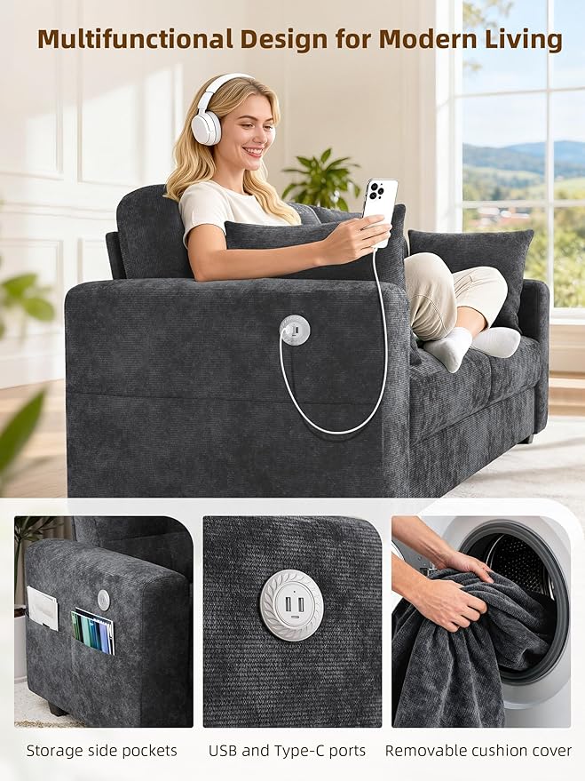 Loveseat Sofa for Living RoomModern Couch with Removable Chenille CoversWide ArmrestsSide PocketsUSB/Type-C Charging PortsEasy Assembly (70 inchGrey)