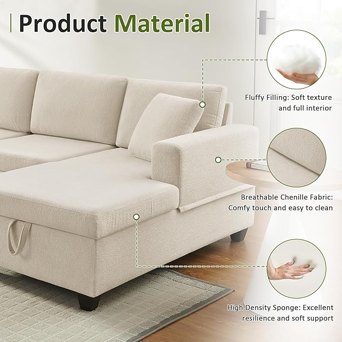 VANOMi U Shaped Sectional Sleeper Sofa with Pull Out Bed 113 Modular Sectional Sofa with Storage Chenille Couches for Living Room Apartment Office Beige | Large Storage Space with 2 Chaise with