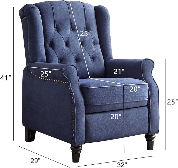 Bonzy Home Wingback Chairs Set of 2 Mid Century Modern Living Room Chairs Fabric Push Back Recliner Chair with Rivet Decoration Button-Tufted Back Solid Wood Legs Blue