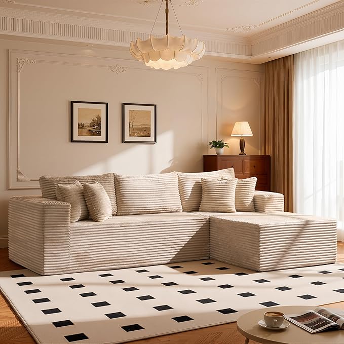 108 Modular Cloud Sofa High-Density Foam Sectional Couch Oversized Convertible L-Shaped Sofa Bed with Plush Fabric Deep Seats Wide Armrests Boneless Couches for Living Room Beige