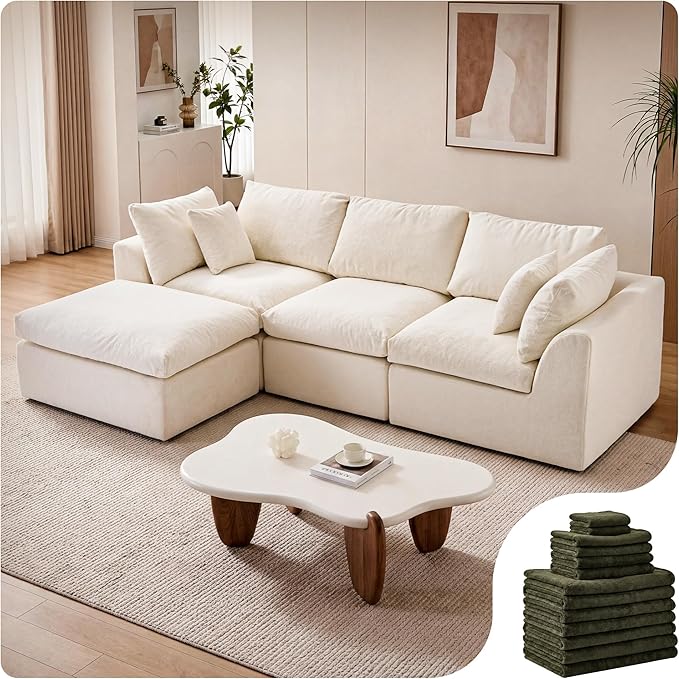 108 Cloud Sectional Couches with 1 Extra Washable Cover L Shaped 25.6 Deep Seat Couch with Ottoman Oversized Comfy Living Room Sofa DIY Color Refresh（ White Sofa + Green Cover Set）