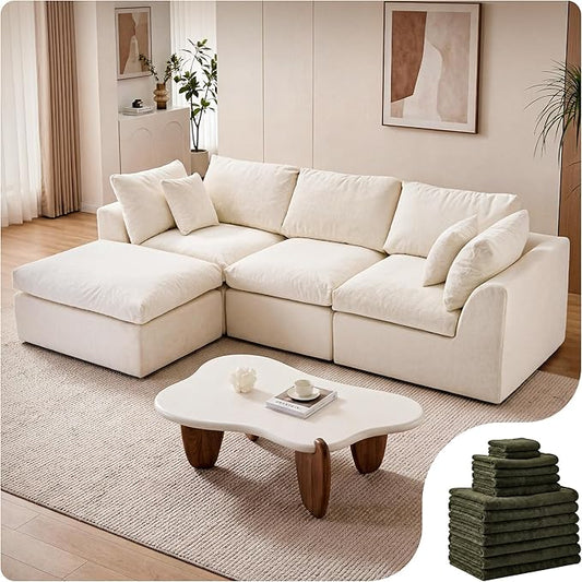108 Cloud Sectional Couches with 1 Extra Washable Cover L Shaped 25.6 Deep Seat Couch with Ottoman Oversized Comfy Living Room Sofa DIY Color Refresh（ White Sofa + Green Cover Set）