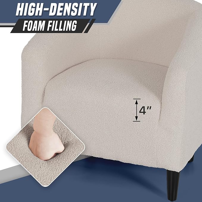 Modern Barrel Chair Furry Sherpa Accent Chair with Wood Legs Elegant Upholstered Armchair Single Sofa Chair for Bedroom Living Room Office Gray