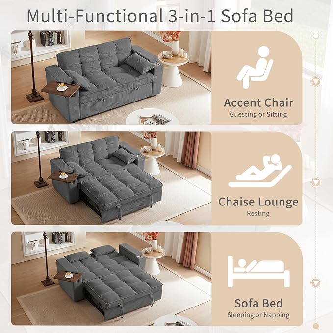 65'' 3-in-1 Folding Convertible Sofa Bed Queen Size Pullout Sofa Modern Chenille Fabric 360° Swivel Side Table Easy Assembly Perfect for Living Room