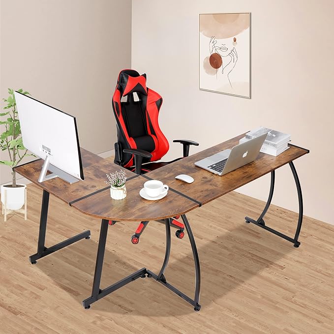 ZenStyle 55 L-Shaped Corner Computer Desk - Sturdy Steel Frame &amp Waterproof Surface Brown Wood Grain Design for Home Office Gaming &amp Multipurpose Workstation