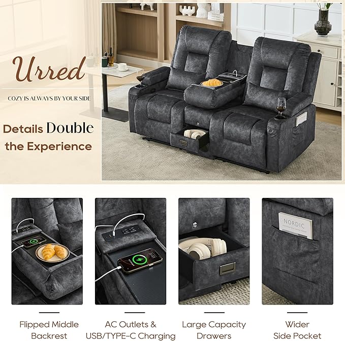 URRED Manual Reclining Loveseat Sofa with Console Double Recliner RV Couch with Bluetooth Speakers USB &amp Power Outlet Cup Holders Pillow and Side Pocket for Home Theater Velvet Grey