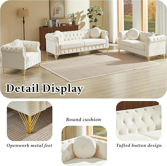 KEIKI 82 inch Chesterfield Sofa Retro Style Upholstered 3 Seat Velvet Couch with Rolled Arm for Living Room Bedroom Office Apartment Beige