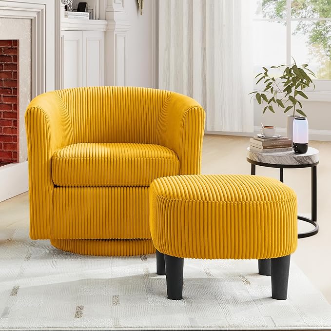 Swivel Accent Chair with Ottoman Modern Upholstered Tufted Armchairs with Footstool 360 Degree Swivel Barrel Sofa Chair Corduroy Round Tub Sofa Chair with Foot Rest for Living Room (Orange)