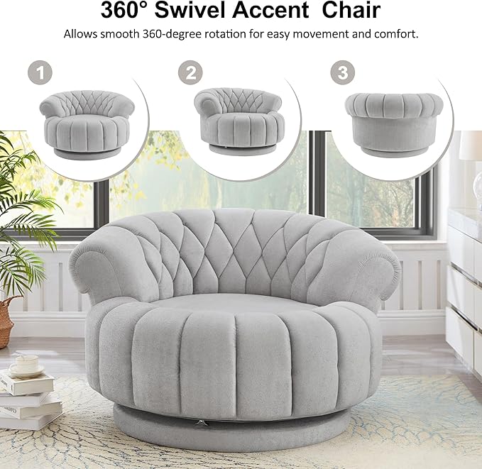 360 Swivel Accent Chair Oversized Round Barrel Club Chair with Diamond-Quilted Back Luxurious Chenille Fabric for Living Room and Bedroom