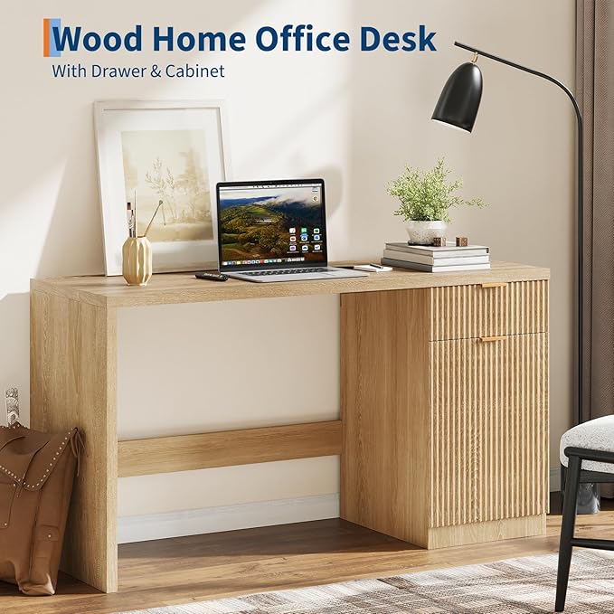 CuisinSmart 60 Executive Desk with Drawers Wooden Computer Desk with Storage Cabinet Modern Fluted Home Office Desks for Study Room Living Room Bedroom Office Natural Oak