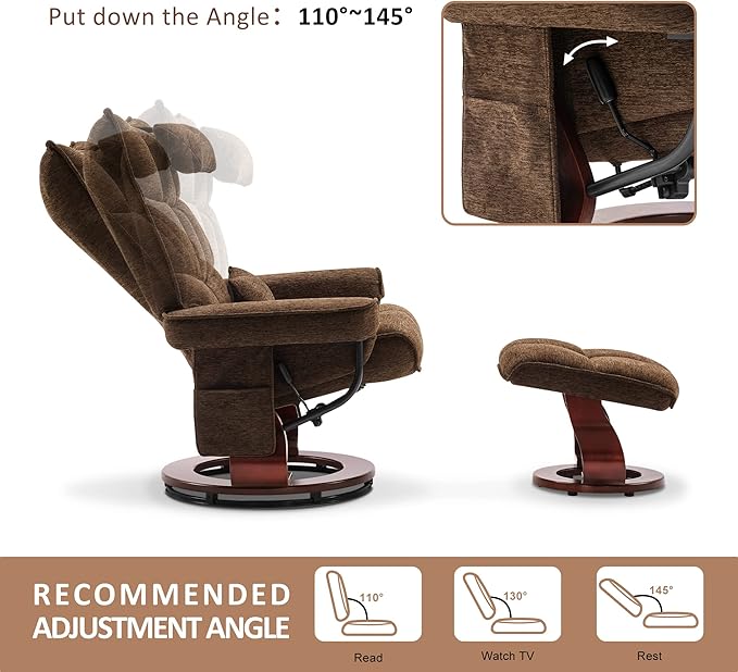 MCombo Swivel Recliner with Ottoman TV Chair Sets with Vibration Massage Ideal for Small Space Living Room &amp Bedroom 4188 4605 (Brown Base Brown)