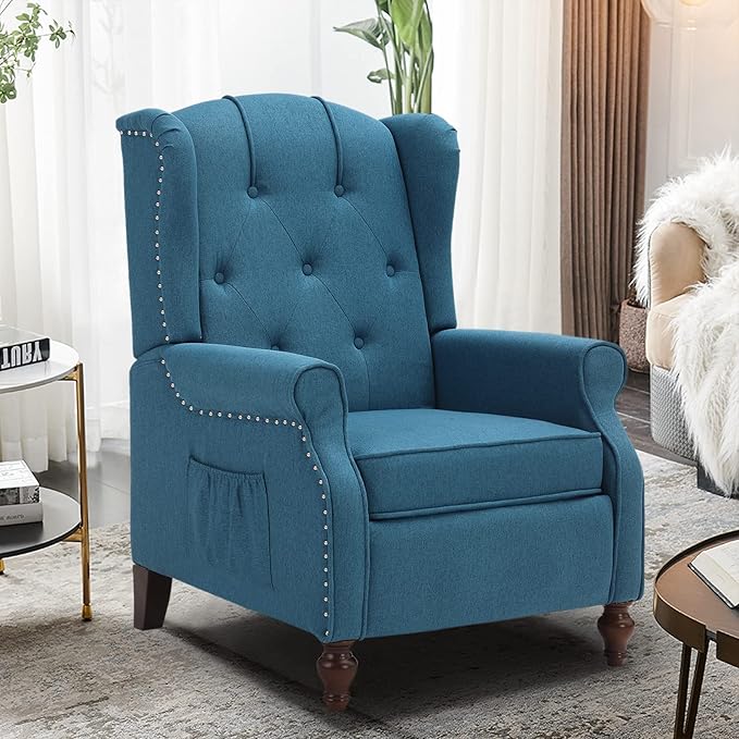 Wingback Recliner with Massage and Heat Tufted Fabric Push Back Recliner Chair for Living Room Vintage Wingback Chair with Remote Control Small Recliners for Small Spaces