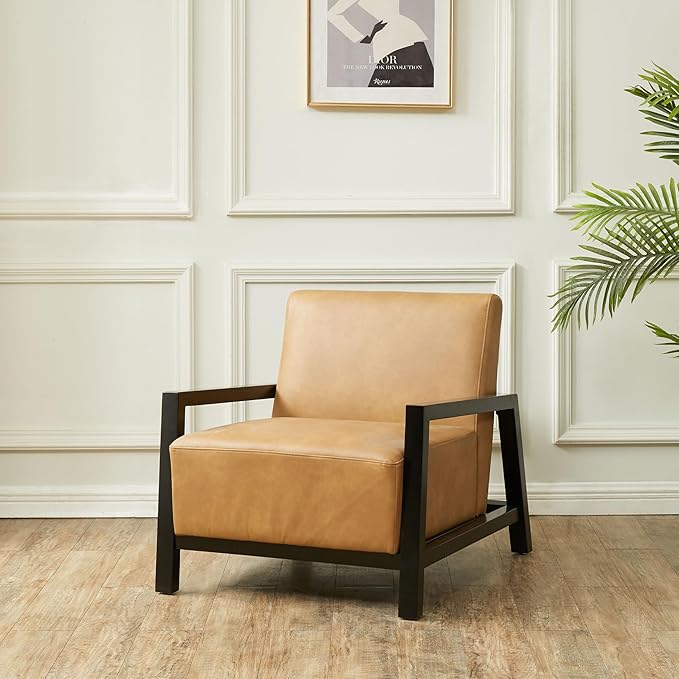 SAFAVIEH Couture Collection Roselle Mid-Century Modern Brown Vegan Leather/Black Solid Wood Accent Chair for Living Room Home Office Study Bedroom