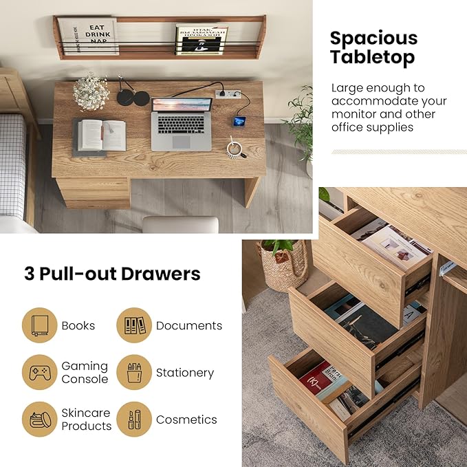 Nightcore 42” Computer Desk with Power Outlets Writing Desk with 3 Storage Drawer &amp Keyboard Modern PC Workstation Study Desk for Bedroom Home Office (Natural)