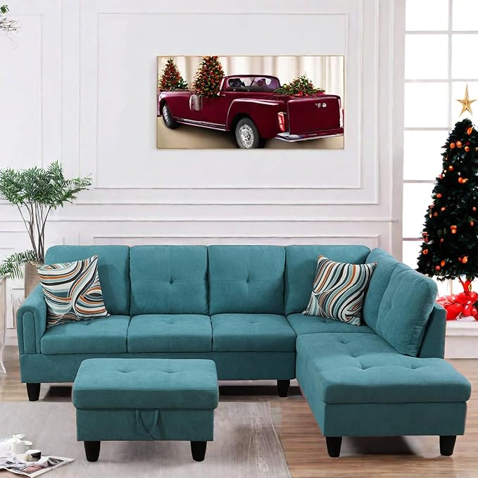 FONTOI L Shaped Sectional Couch with Otttoman 97 Sectional Sofa for Living Room Flannel Modular Couches with Cup Holders for Bedroom Apartments Blue