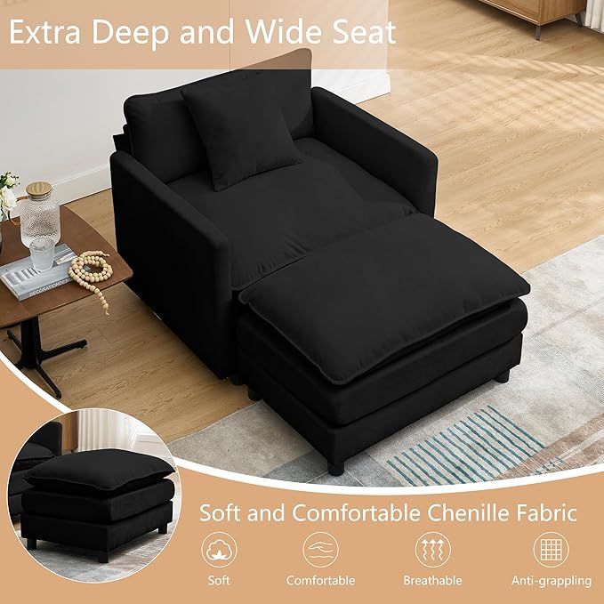 Oversized Chair with Ottoman Modern Chenille Upholstered Deep Seat Couch Armchair 40.16'' Comfy Chaise Lounge Indoor with Thick Cushion for Living Room (Black 40.16'' Single Seat Sofa &amp 1 Ottom