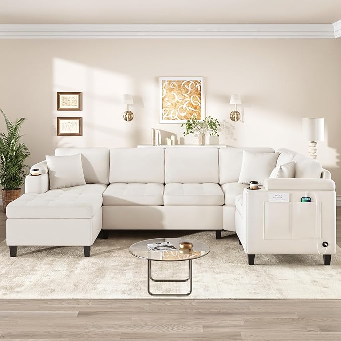 Modern U-Shaped Sectional Sofa 115.7 Corner Sectional Living Room Couch Oversized Sectional with Built-in Cup Holders Storage Space and USB Ports for Living Room (Beige-X22)