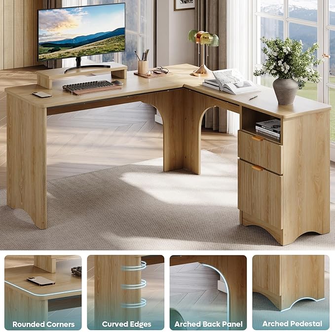 Bestier L Shaped Desk with File Drawer 55.7 x 55 Office Computer Desk with Round Corners Modern Desk with Monitor Stand &amp Fluted Panels for Home Office Natural Oak