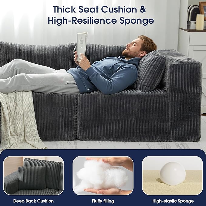 KINGYES 107'' Modular Sectional Sofa L Shaped Cloud Couch for Living Room Modern Plush Corduroy Boneless Sofa with Chaise for Bedroom Gray