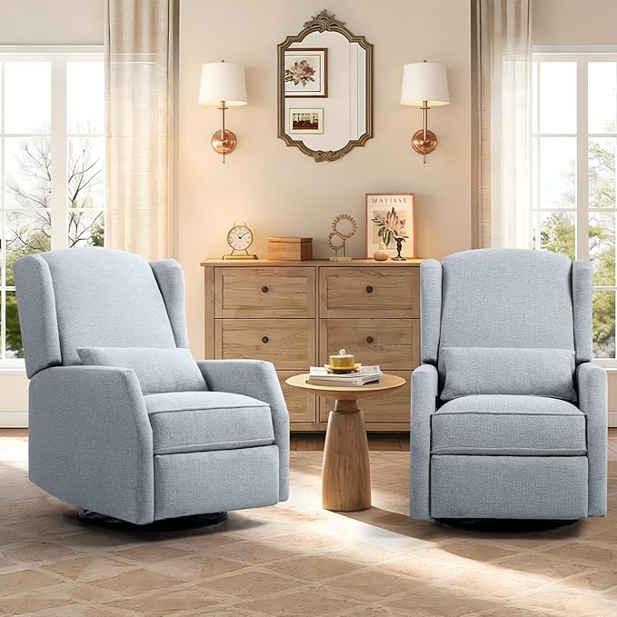 Nursery Swivel Glider Recliner Chair with Segmented Footrest Modern 360° Rocking Manual Motion Sofa with Lumbar Pillow Detachable Wings &amp Armrest for Living Room Bedroom (LightGray)