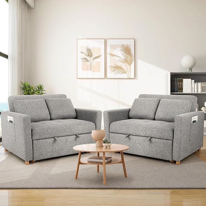 SEJOV Convertible Sofa Bed 3-in-1 Sleeper Sofa Pull Out Couch Bed 2-Seater Linen Fabric Loveseat Futon Sofa with Spring Support Adjustable Backrest for Small Spaces Living Room Grey