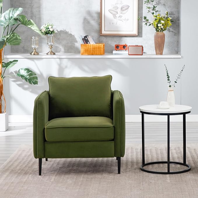 KEIKI Cloud Chair for Living Room Velvet Single Sofa Chair with 1 Pillow Comfy Accent Chair for Bedroom Office and Reading Metal Legs Soft Modern Design Green