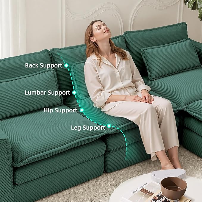 109 Sectional Couches Boneless Modular Sofa for Living Room with Ottoman | No Assembly Required Sofa Bed L shaped Couch | Corduroy Deep Seat Couch with Double Layer Cushion &amp Removable Cover | Gr