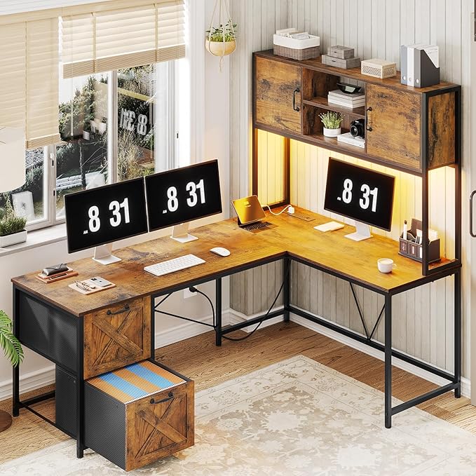 SEDETA L Shaped Desk with Drawers 62.2 Home Office Desk with Fabric File Drawers and Power Outlet L Shaped Desk with Hutch Storage Shelves LED Lights Rustic Brown