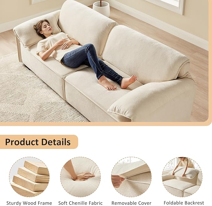 VANOMi 94.5 Sofa Couch for Living Room Modern Comfy 3-Seater Sofas Chenille Small Couches for Small Spaces Upholstered Deep Seat Couch for Bedroom Apartment (Beige)