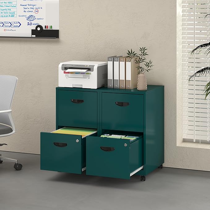 2 Drawer File Cabinet with Lock Filing Cabinets with Wheels Rolling File Cabinets for Home Office Metal Office File Cabinet Mobile Filing Cabinet for Holding Letters and File Boxes Green