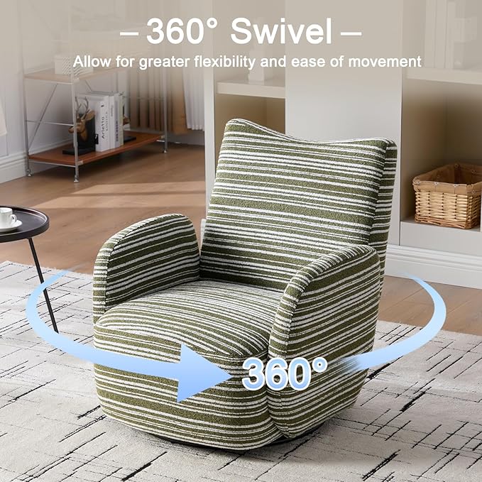 360° Swivel Accent Chair with Armrest Modern Striped Upholstered Lounge Chair Stable Round Base &amp Sturdy Metal Frame Armchair for Bedroom Living Room Office &amp Vanity (Olive Green)