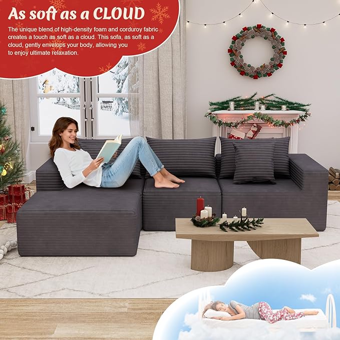 Modular Cloud Couch Sectional Deep Seat No-Bone Corduroy Sofa with Ottoman Oversized Comfy Modular Sofa for Living Room Bedroom Apartment No Assembly Flexible Layout (Gray 108 Inch-L)