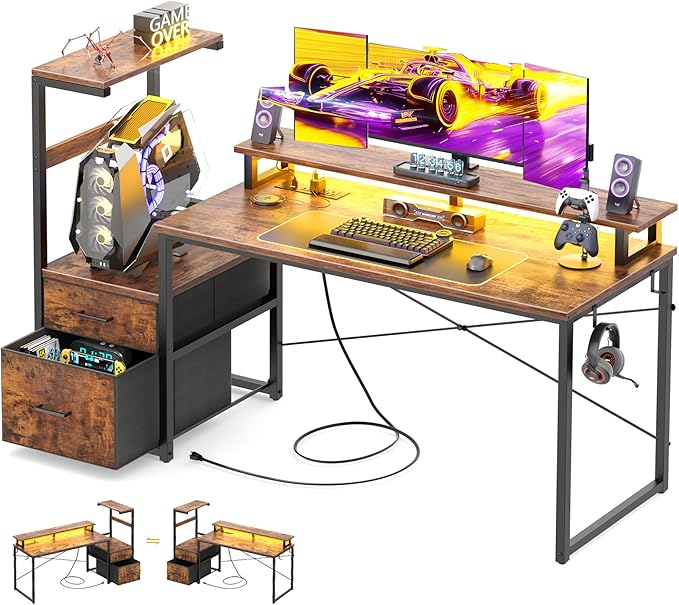 Aheaplus Gaming Desk with LED Strip &amp Power Outlet 59Inch Reversible Computer Desk with Monitor Stand &amp Storage Shelves Home Office Desks with Fabric File Drawer Gamer Table PC Desk Rustic
