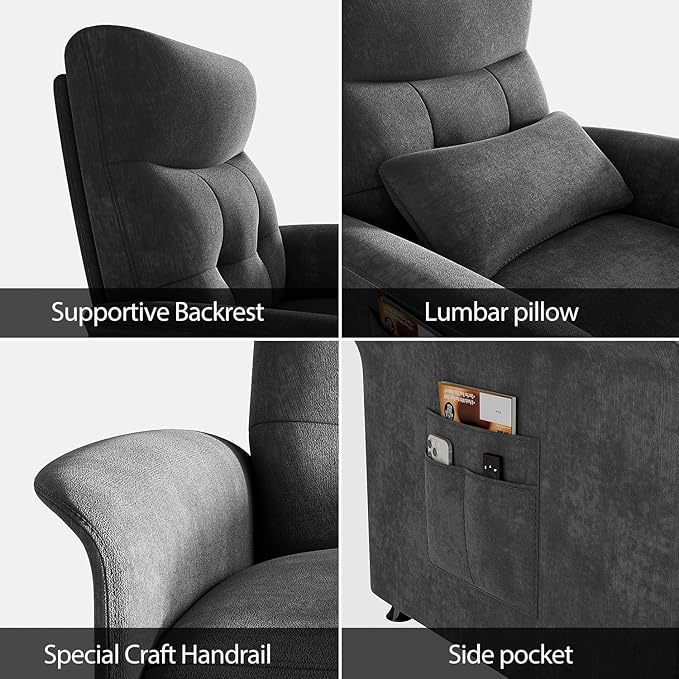 Power Recliner Chair for Adults with Heat &amp Massage - Soft Fabric Electric Reclining Sofa with Remote Control 3 Side Pockets 180° Lay Sleeper for Living Room Home Theater Dark Grey