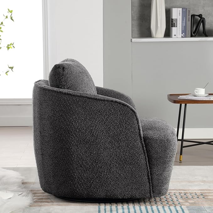 Soft Boucle Upholstered Swivel Accent Barrel Chair Wide Seated Comfy Round Single Sofa Chair 360 Swivel Club Armchair for Living Room Bedroom Nursery (Boucle Charcoal)