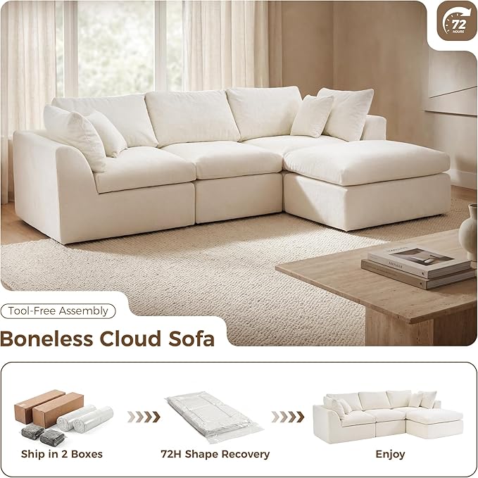 108 Cloud Sectional Couches with 1 Extra Washable Cover L Shaped 25.6 Deep Seat Couch with Ottoman Oversized Comfy Living Room Sofa DIY Color Refresh（ White Sofa + Green Cover Set）