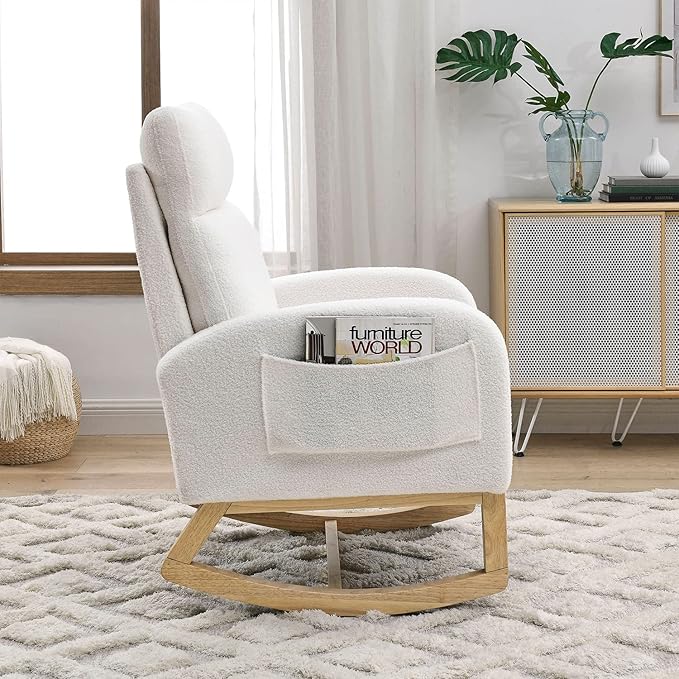 Nursery Rocking Glider Chair Modern Fabric Tall Back Accent Rocker Chair Upholstered Arm Chair w/Side Pockets Modern Leisure Single Sofa for Living Room Hotel Bedroom Office White