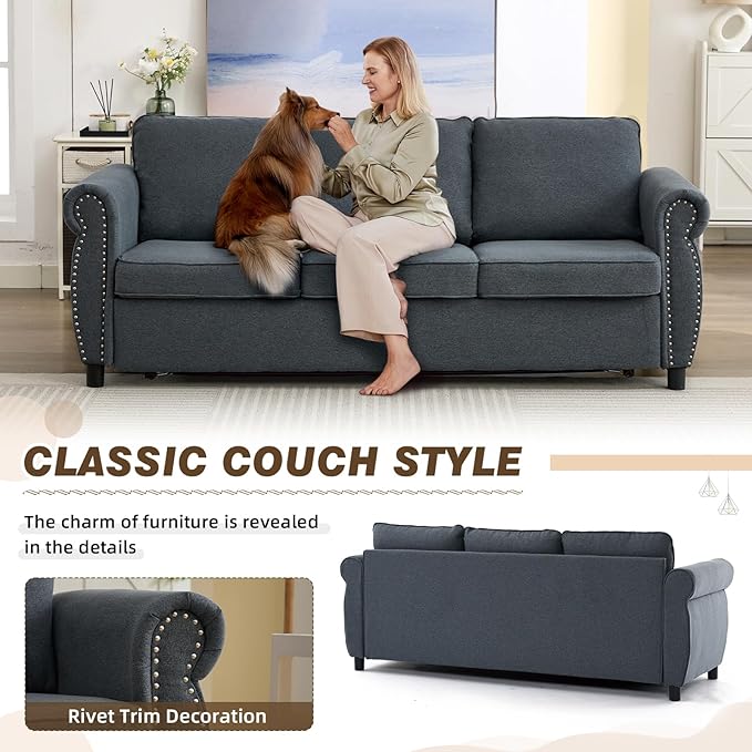 Pull Out Sofa Bed with Mattress Included Convertible Futon Oversized Chenille 3 Seater Loveseat Sleeper Sofa Couch Bed with Rivet Decoration &amp Rolled Arms for Guest Room Office Living Room Grey